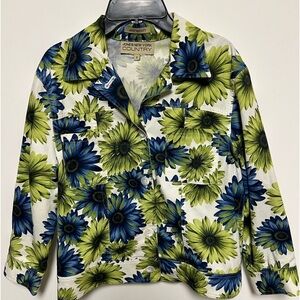 JONES NEW YORK COUNTRY BLUE/GREEN FLORAL  DENIM JACKET. SIZE 8